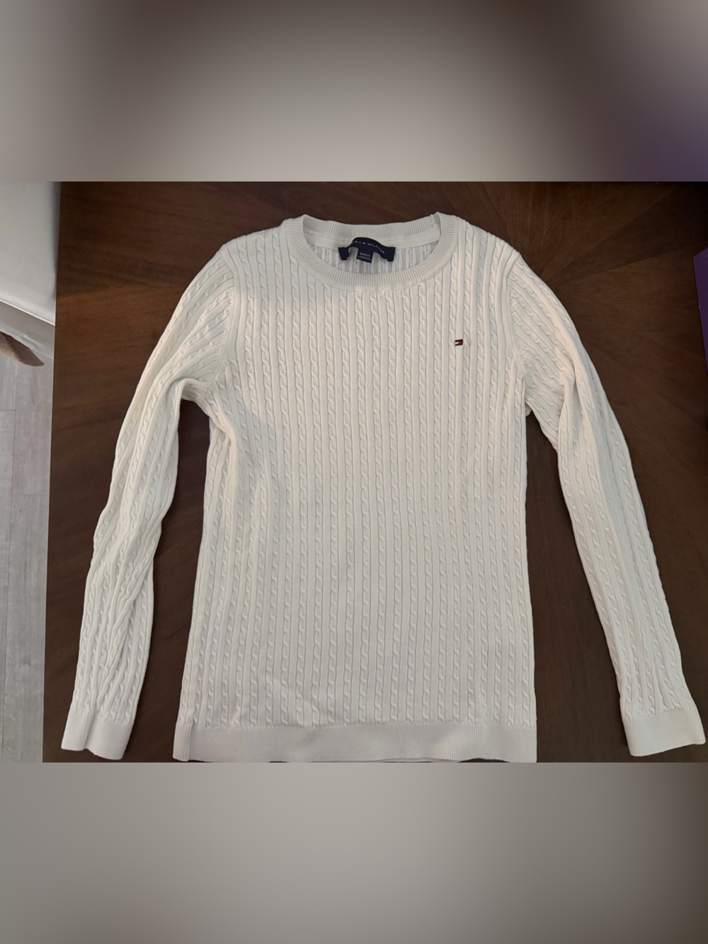 Tommy Hilfiger Cream Cable-Knit Crewneck Sweater with Flag Logo - Picture 4 of 4
